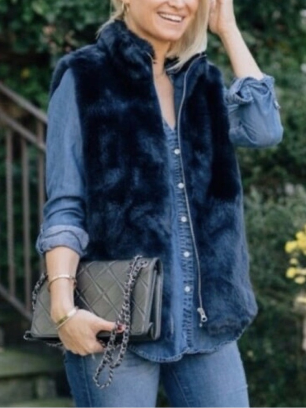 J. Crew faux fur navy blue plush full zip vest size S
